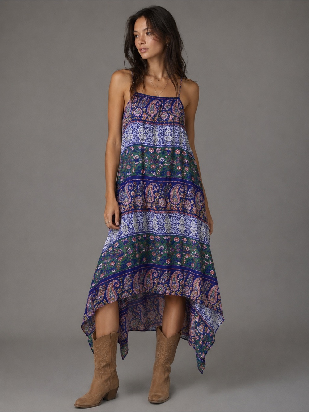 Sugar + Lips Boho Paisley Halter Dress Womens Small Blue Handkerchief Hem Flowy